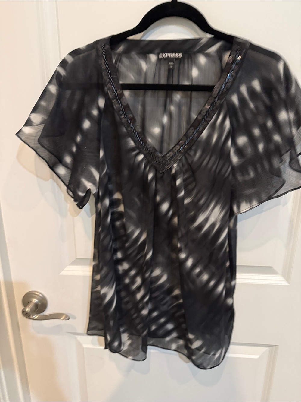 Express Sheer Black V-Neck Flutter Sleeve Blouse with Sequin Trim